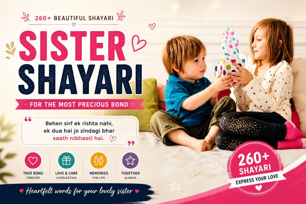 Find 260+ best Sister Shayari in English with heart touching, emotional, funny, birthday, Rakhi, and loving sister quotes. Perfect for WhatsApp status, Instagram captions, and sharing love.