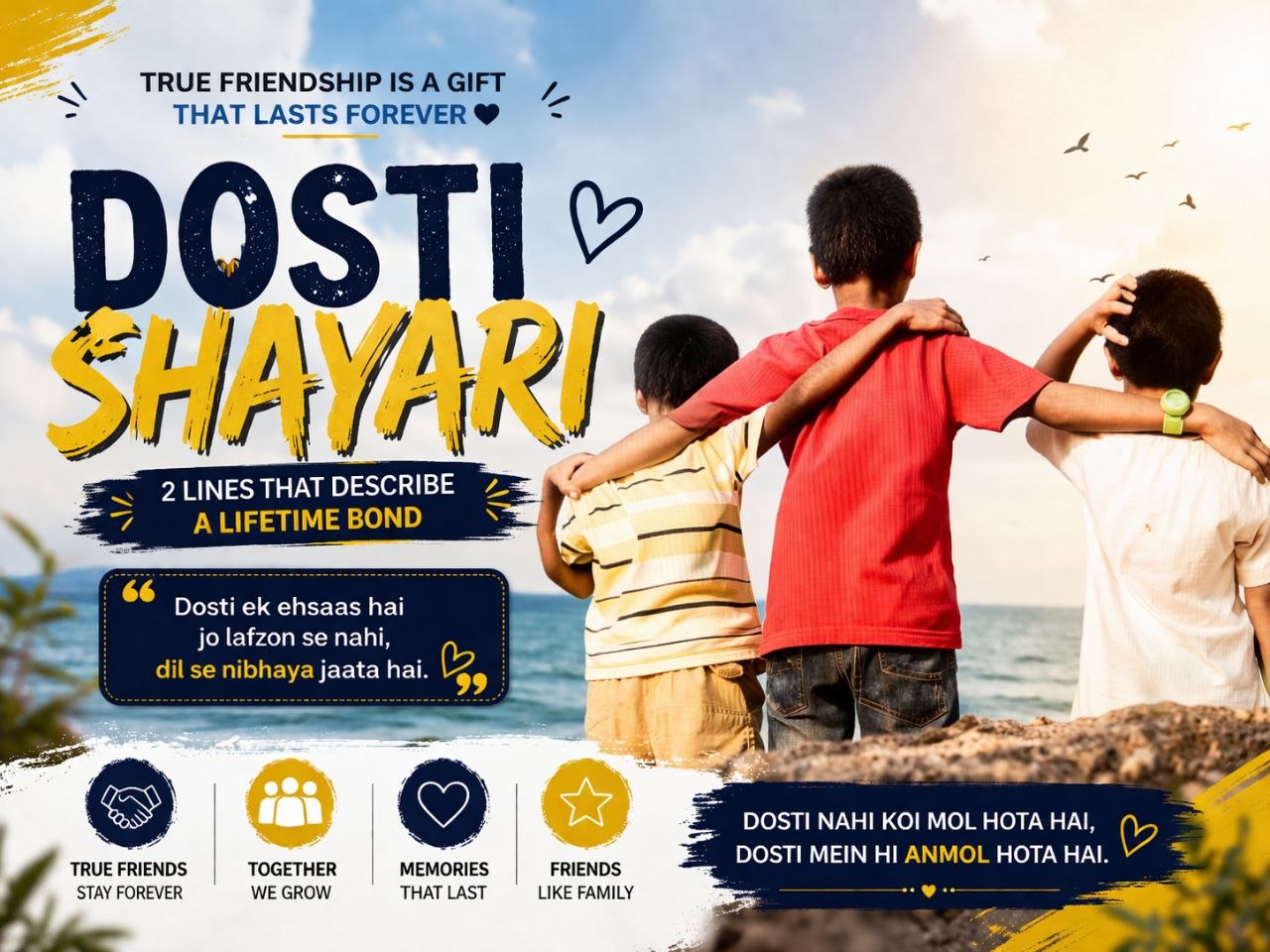 Friendship is not measured by how long you’ve known someone, but by who stood beside you when you needed them the most. These Dosti Shayari 2 Line English beautifully capture emotions of love, trust, fun, loyalty, and even the pain of distance.